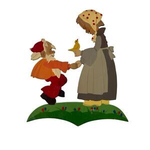 Vintage Kleur & Profiel Made In Holland Gnome With Lady Bird Wooden Hand painted